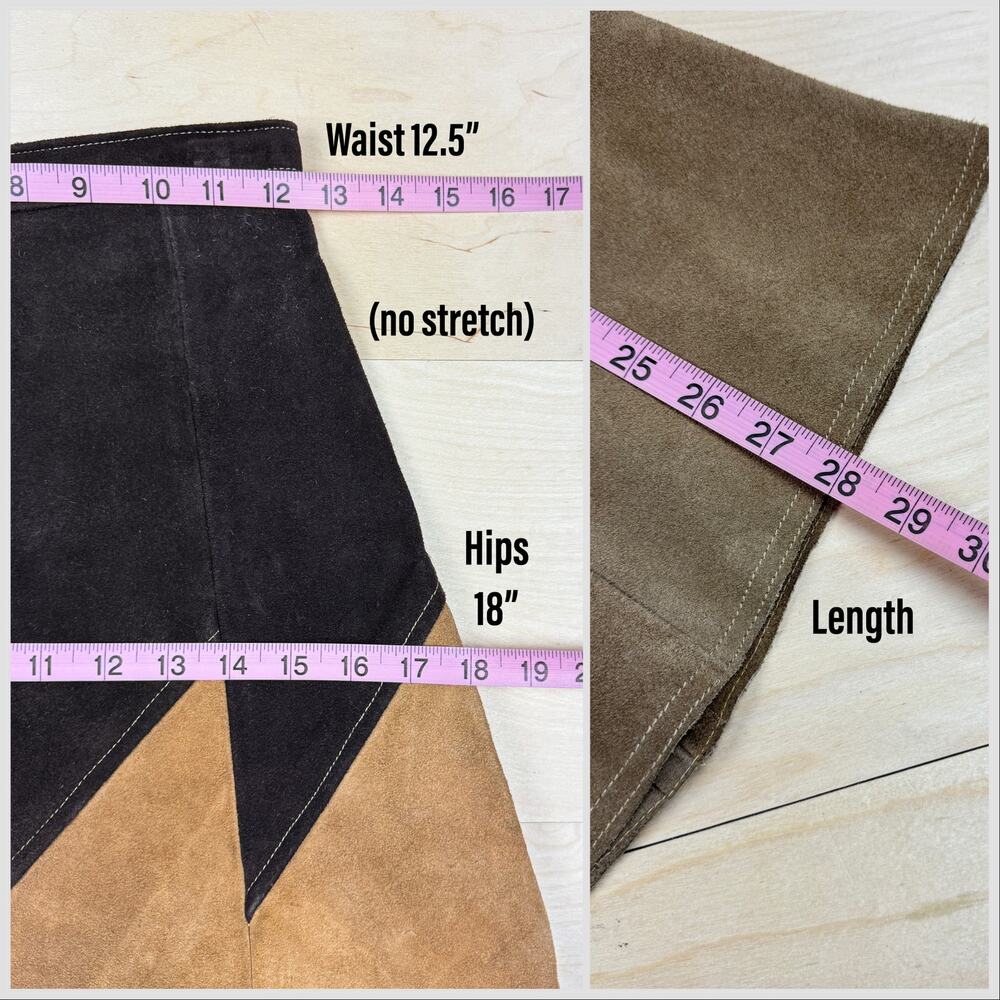 Vintage 1970s Brown Patchwork Suede Leather A-Line Midi Skirt - Picture 6 of 7